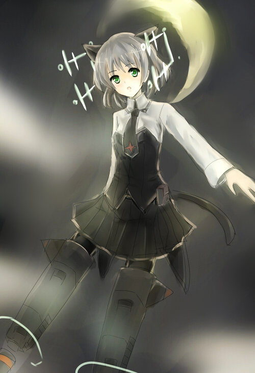 sleetyweather, sanya v. litvyak, strike witches, world witches series, silver hair, uniform, 00s, 1girl, animal ears, antennae, black pantyhose, cat ears, cat tail, female focus, green eyes, hirschgeweih antennas, moon, necktie, pantyhose, short hair, solo, striker unit, tail