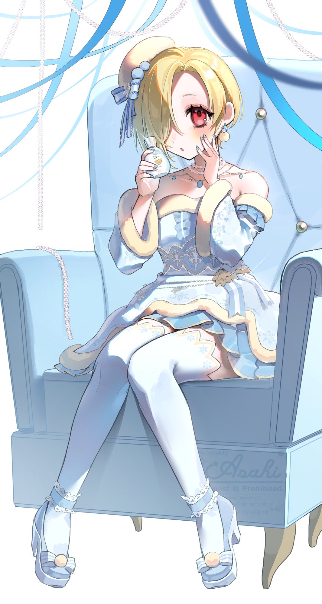 shine asahi, shirasaka koume, idolmaster, idolmaster cinderella girls, commentary request, highres, 1girl, armchair, bare shoulders, blonde hair, blush, bottle, chair, detached sleeves, earrings, fur trim, hair over one eye, hat, high heels, jewelry, looking at viewer, parted lips, perfume bottle, red eyes, short hair, sitting, skirt, solo, thighhighs, zettai ryouiki