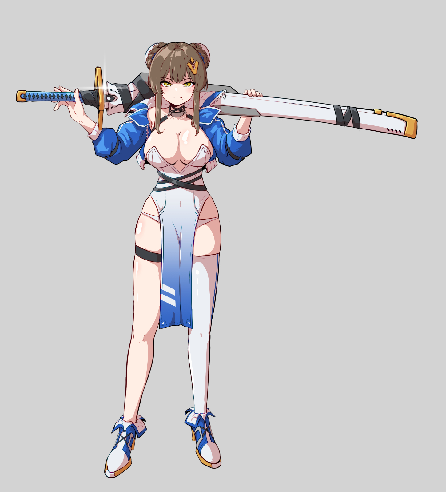 pabenia, yuki (chaos zero nightmare), chaos zero nightmare, commentary request, highres, korean commentary, 1girl, arms up, bare shoulders, black choker, blue dress, blue jacket, braid, braided bun, breasts, brown hair, bun cover, choker, cleavage, closed mouth, covered navel, cropped jacket, double bun, dress, eyeliner, full body, gradient clothes, gradient dress, hair bun, hair ornament, holding, holding sword, holding weapon, huge weapon, jacket, large breasts, looking at viewer, makeup, mole, mole under mouth, off shoulder, open clothes, open jacket, panty straps, pelvic curtain, piercing, red eyeliner, short hair with long locks, single thighhigh, skindentation, smile, solo, strapless, strapless dress, sword, thigh strap, thighhighs, thighs, weapon, yellow eyes