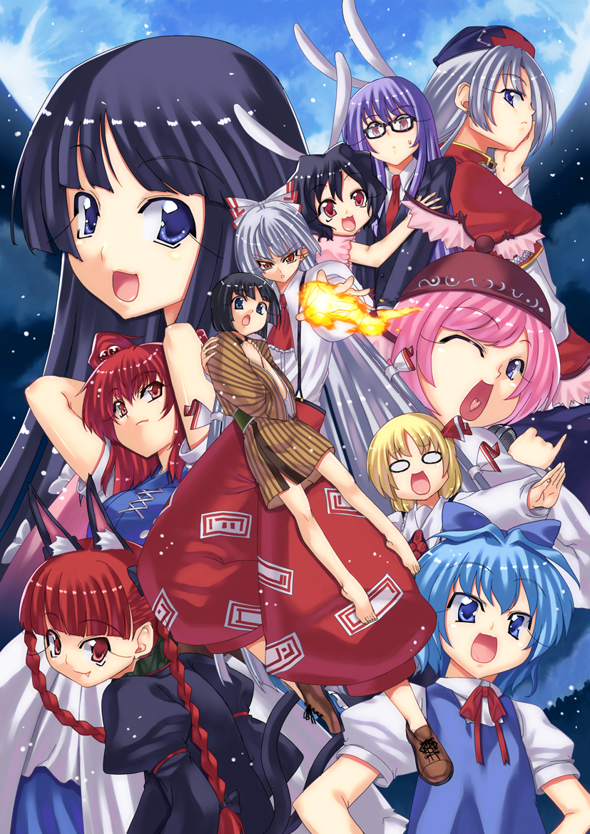uemukai dai, cirno, fujiwara no mokou, fujiwara no mokou (young), houraisan kaguya, inaba tewi, kaenbyou rin, mystia lorelei, onozuka komachi, reisen udongein inaba, rumia, yagokoro eirin, touhou, silver hair, bad id, bad pixiv id, 6+girls, aged down, animal ears, barefoot, bespectacled, black hair, blonde hair, blue eyes, blue hair, bow, braid, cat ears, cat tail, everyone, feet, fire, glasses, hair ribbon, hat, heart, heart in mouth, long hair, multiple girls, multiple tails, necktie, one eye closed, pink hair, purple hair, rabbit ears, red eyes, red hair, ribbon, short hair, suspenders, tail, time paradox, twin braids, twintails, two side up, uemuki dai, wink