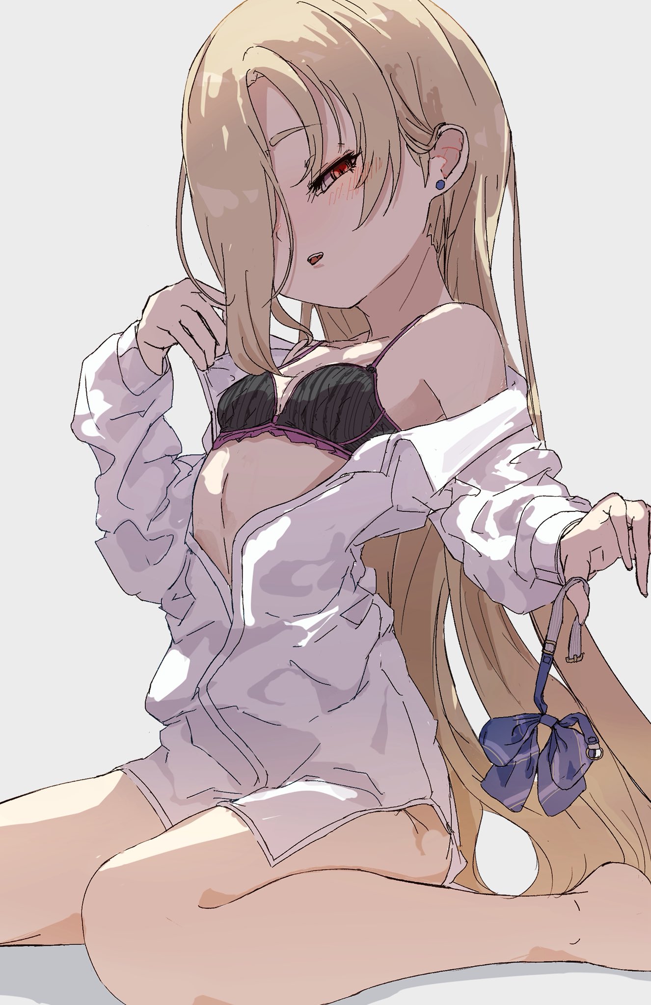 kentake04, shirasaka koume, idolmaster, idolmaster cinderella girls, commentary request, highres, 1girl, black bra, blonde hair, blush, bra, breasts, earrings, hair over one eye, jewelry, long hair, looking at viewer, naughty face, red eyes, shirt, sitting, sketch, small breasts, solo, stud earrings, underwear, undressing, very long hair, wariza, white shirt