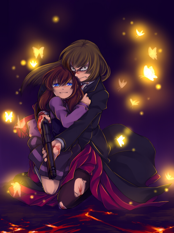 licht13, ushiromiya maria, ushiromiya rosa, umineko no naku koro ni, torn legwear, bad id, bad pixiv id, 00s, 2girls, age difference, angry, blood, blood on face, blue eyes, bug, butterfly, gun, hug, injury, mother and daughter, multiple girls, pantyhose, rifle, smile, tears, torn clothes, weapon