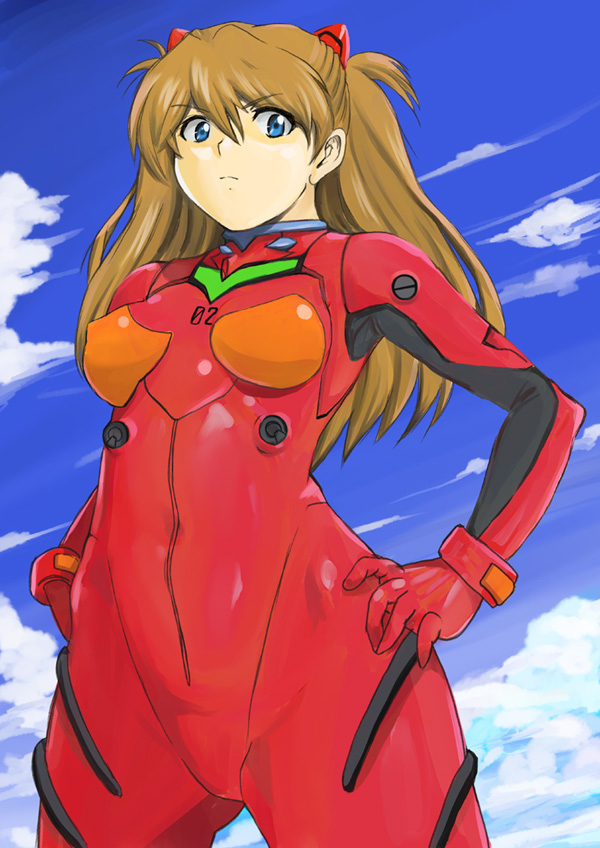 shu-z, souryuu asuka langley, neon genesis evangelion, >:(, 1girl, annoyed, armpits, blue eyes, bodysuit, bracer, breasts, breasts apart, brown hair, closed mouth, cloud, covered erect nipples, day, facing viewer, female focus, from below, frown, gloves, hair between eyes, hands on own hips, headgear, hip focus, legs apart, long hair, looking at viewer, mecha pilot suit, medium breasts, outdoors, plugsuit (evangelion), sky, solo, standing, turtleneck, twintails, two side up, v-shaped eyebrows, wide hips