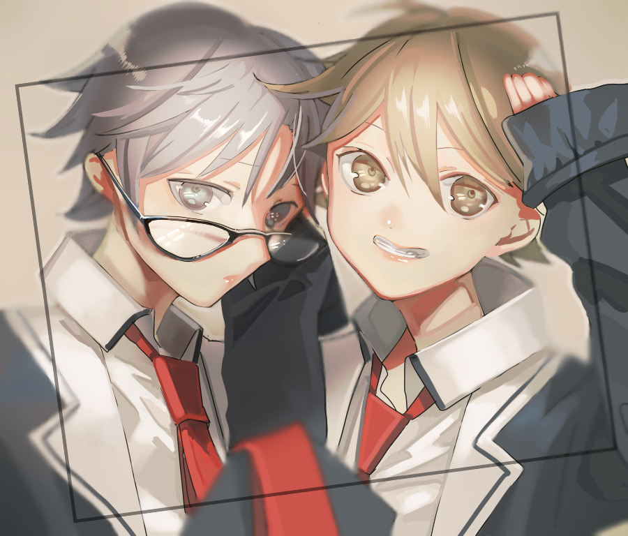 nanahosi15, miyashiro takuru, chaos;child, science adventure, non-web source, 2boys, black hair, blazer, blonde hair, blue hair, brown eyes, brown hair, collared shirt, glasses, hekiho academy school uniform, itou shinji (chaos;child), jacket, long hair, male focus, multiple boys, necktie, open mouth, red necktie, school uniform, shirt, short hair, sleeves past wrists, smile, upper body, white shirt