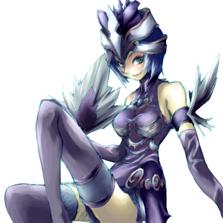 marumari shia, marumarishia, shiva (final fantasy), blood of bahamut, final fantasy, 1girl, bare shoulders, blue hair, breasts, elbow gloves, female focus, gloves, hat, jewelry, purple eyes, short hair, solo, thighhighs, zettai ryouiki