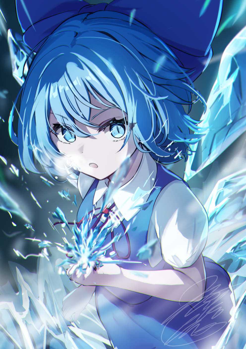niko kusa, cirno, touhou, commentary request, highres, 1girl, :o, blue bow, blue eyes, blue hair, blue skirt, blue vest, bow, cryokinesis, hair bow, ice, ice wings, looking at viewer, medium hair, parted lips, shirt, skirt, slit pupils, solo, vest, white shirt, wings