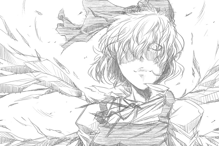chiro (pixiv), chiro (suzuka98), cirno, embodiment of scarlet devil, touhou, 1girl, female focus, greyscale, monochrome, short hair, solo