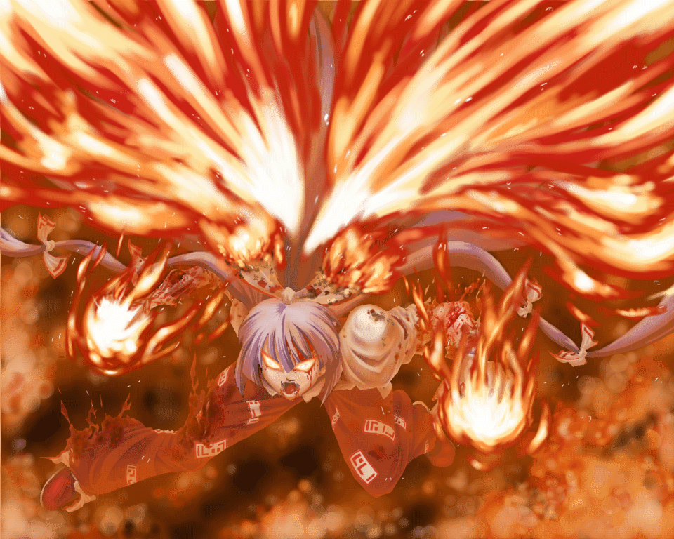 chiro (pixiv), chiro (suzuka98), fujiwara no mokou, touhou, silver hair, 1girl, angry, blood, crazy, crazy eyes, female focus, fire, glowing, glowing eyes, hair ribbon, injury, long hair, open mouth, ribbon, shirt, shoes, solo, very long hair, white shirt
