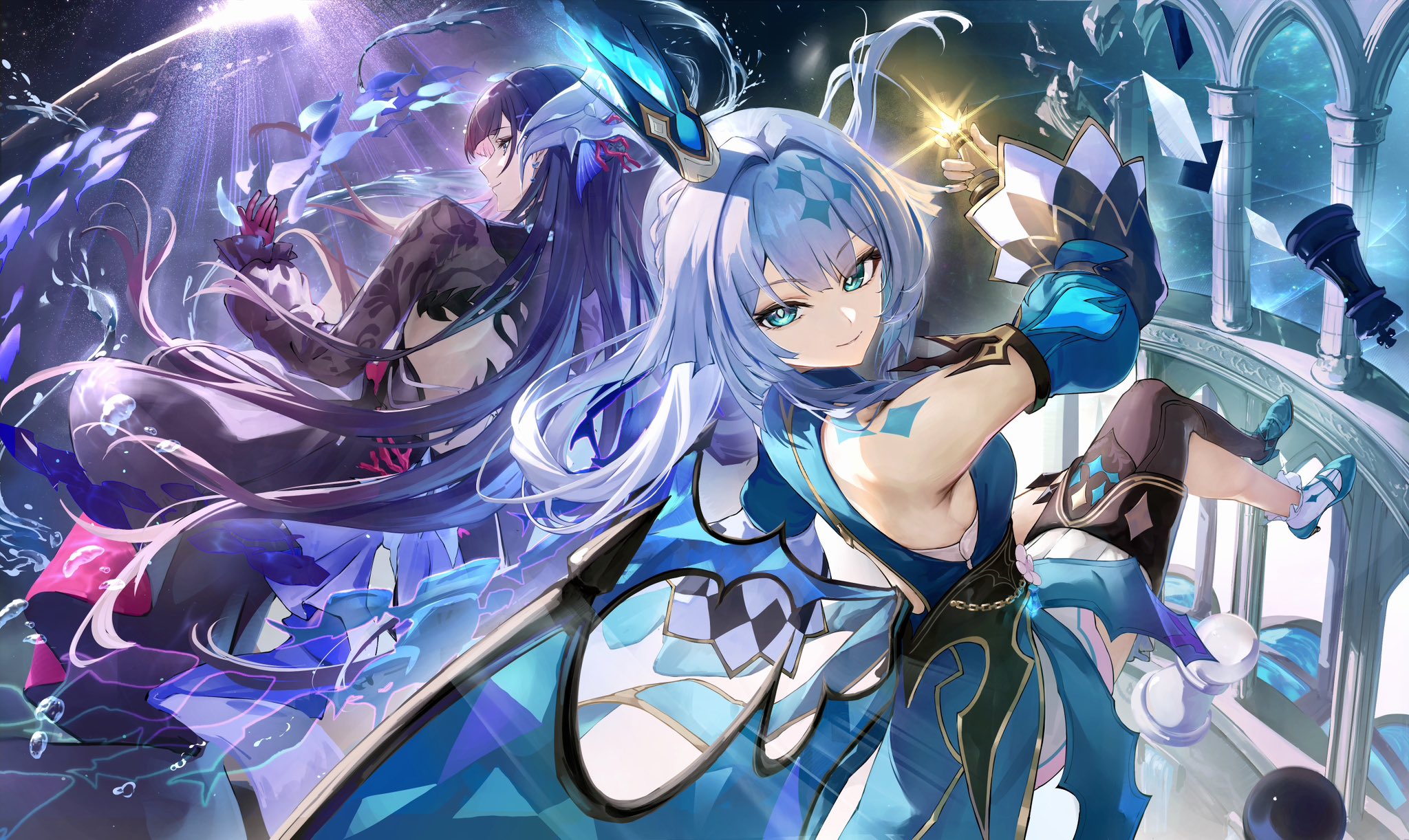 otabaaa, cerydra (honkai: star rail), hysilens (honkai: star rail), honkai: star rail, honkai (series), commentary request, highres, 2girls, aqua eyes, armpit crease, black dress, black hair, black shrug, blue dress, blue shoes, chess piece, closed mouth, crossed legs, crown, detached sleeves, dress, fish, grey hair, head ornament, holding, holding chess piece, king (chess), long hair, looking at viewer, mini crown, multiple girls, queen (chess), shoes, shrug (clothing), single thighhigh, sleeveless, sleeveless dress, smile, thighhighs, turning head, wings