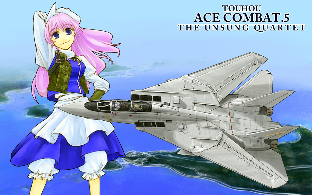 cervus, f-14, letty whiterock, ace combat, ace combat 5, touhou, 1girl, aircraft, airplane, blonde hair, blue eyes, female focus, fighter jet, hat, long hair, military, military vehicle, pink hair, solo, vehicle focus