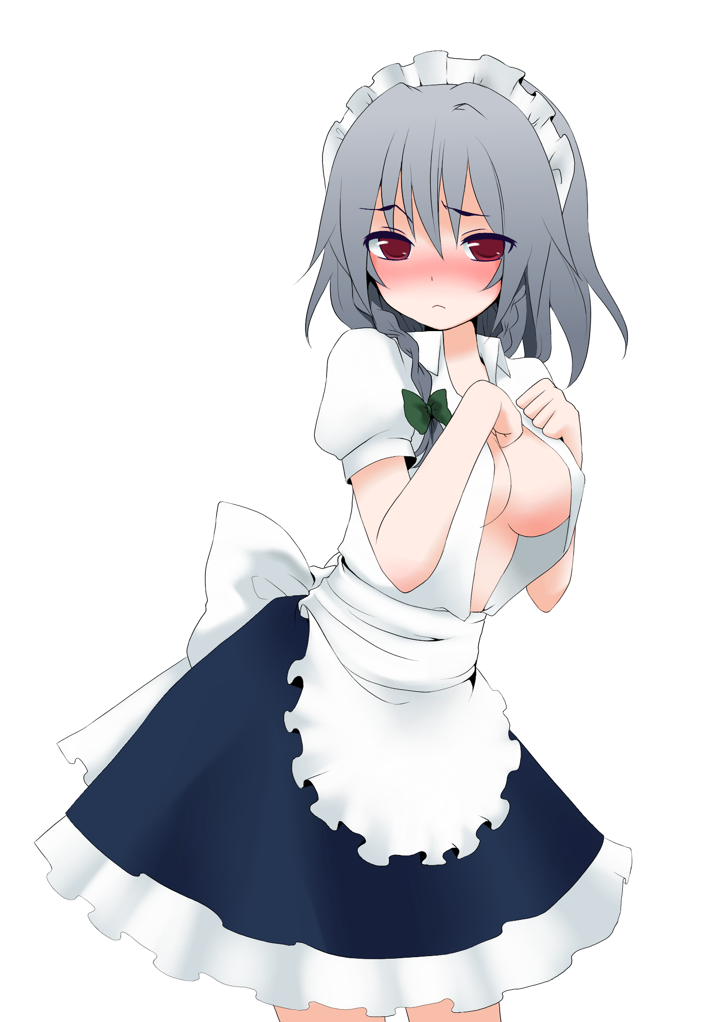 tyobimiru, izayoi sakuya, embodiment of scarlet devil, touhou, silver hair, bad id, bad pixiv id, highres, 1girl, blush, breasts, female focus, hairband, maid, medium breasts, red eyes, short hair, simple background, skirt, solo, white background