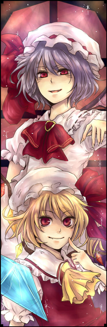 gigaslash, flandre scarlet, remilia scarlet, touhou, bad id, bad pixiv id, long image, tall image, 2girls, female focus, multiple girls, siblings, sisters