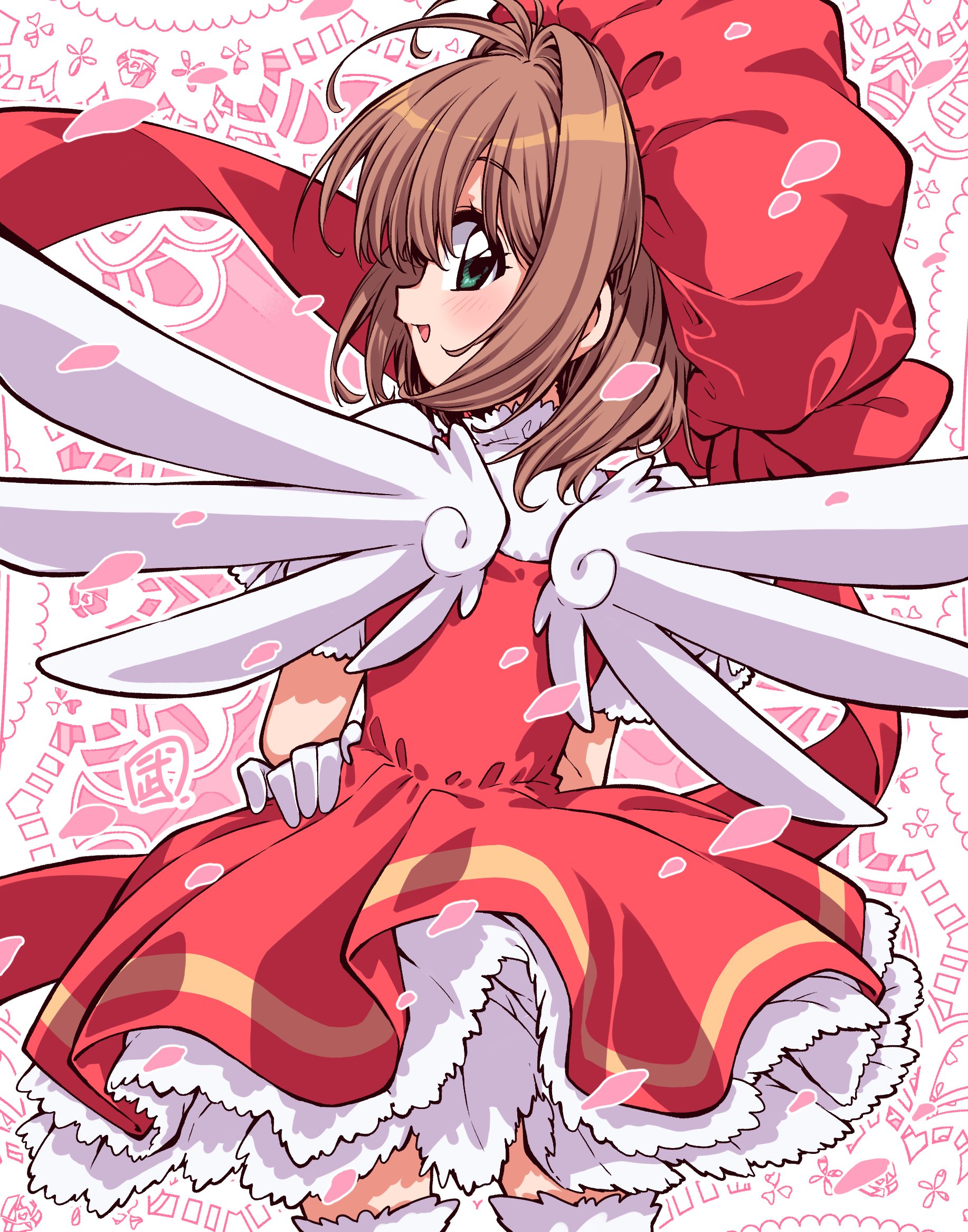 take shinobu, kinomoto sakura, kinomoto sakura (magician), cardcaptor sakura, commentary, highres, symbol-only commentary, 1girl, blush, brown hair, dress, from behind, gloves, green eyes, looking at viewer, looking back, magical girl, petals, profile, short hair, solo, thighhighs, wings, zettai ryouiki