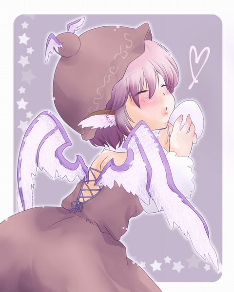 sen1986, mystia lorelei, touhou, 1girl, blush, closed eyes, egg, female focus, hat, heart, kiss, purple hair, solo, wings