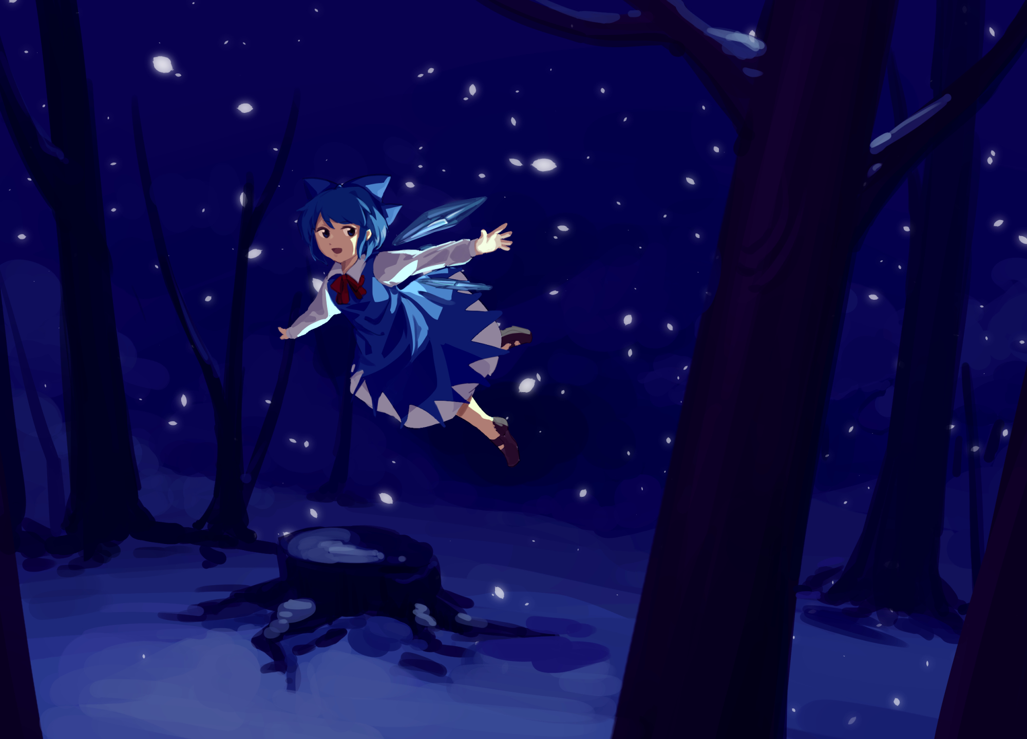 furahata gen, cirno, touhou, highres, 1girl, :d, bare tree, blue bow, blue dress, blue eyes, blue wings, bow, dress, fairy, flying, hair bow, ice, ice wings, long sleeves, looking to the side, night, no socks, open mouth, outstretched arms, purple shoes, shirt, shoes, short hair, sleeve cuffs, smile, snowing, solo, swept bangs, tree, tree stump, white shirt, wings