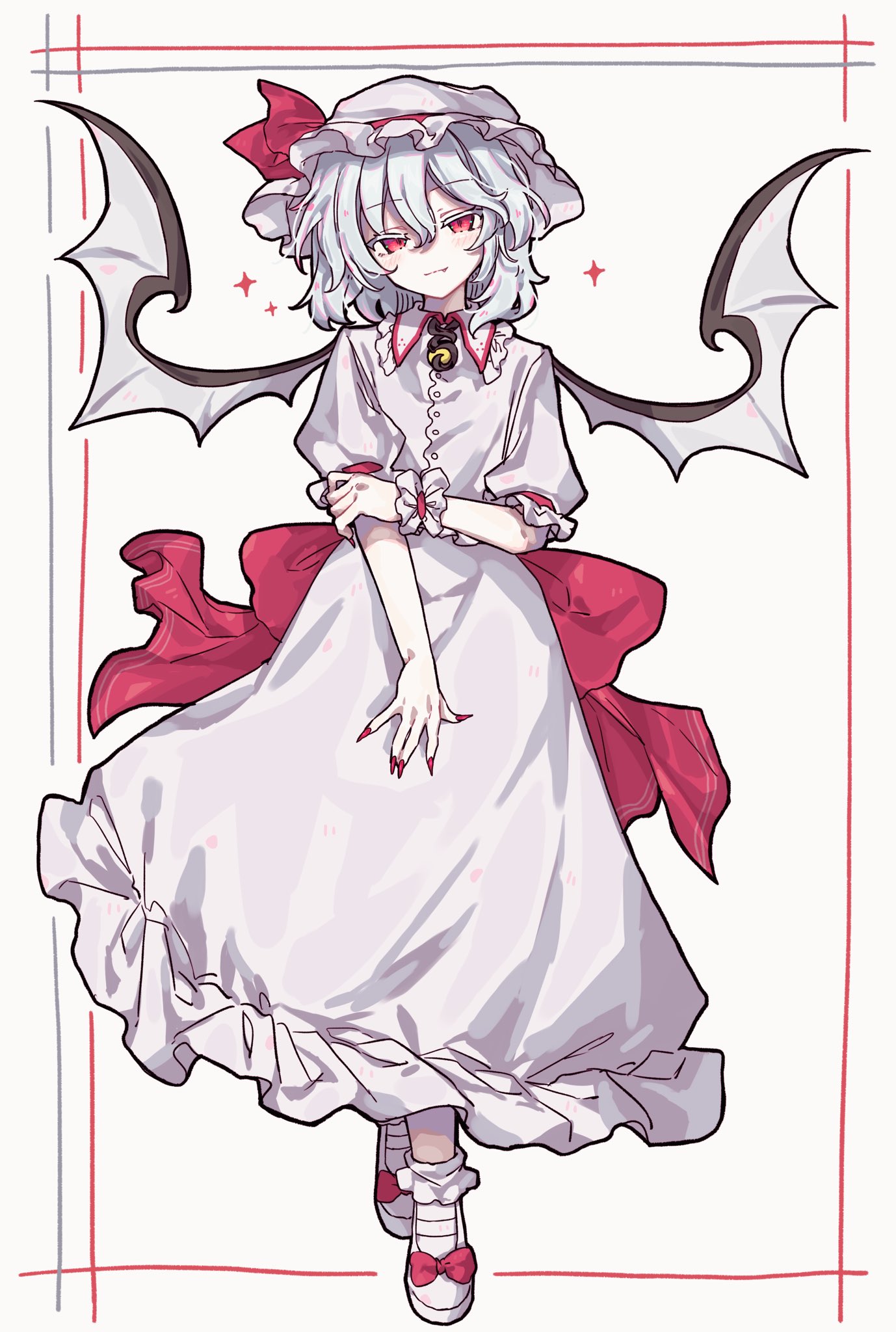 remilia scarlet, touhou, commentary request, highres, 1girl, back bow, bat wings, border, bow, dress, fingernails, frilled socks, frills, full body, hair between eyes, hat, looking at viewer, mob cap, okura 0915, red bow, red eyes, red nails, sharp fingernails, short hair, socks, solo, white background, white dress, white hat, white socks, wings, wrist cuffs