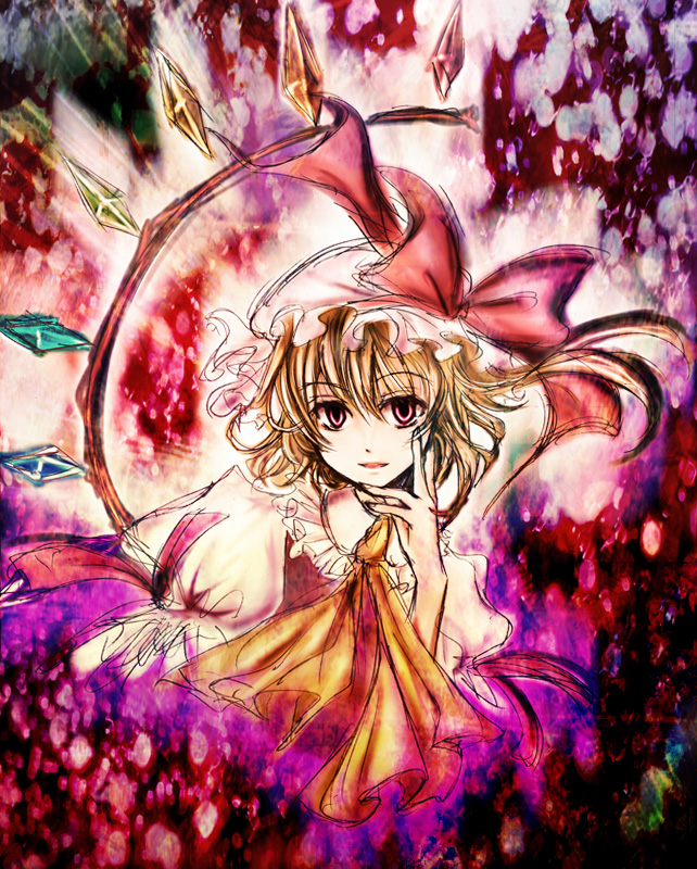 akasaka sakasu, flandre scarlet, embodiment of scarlet devil, touhou, bad id, bad pixiv id, 1girl, ascot, blonde hair, crystal, demon wings, dress, female focus, hat, long sleeves, looking at viewer, looking back, mob cap, red dress, red eyes, solo, vampire, white hat, wings