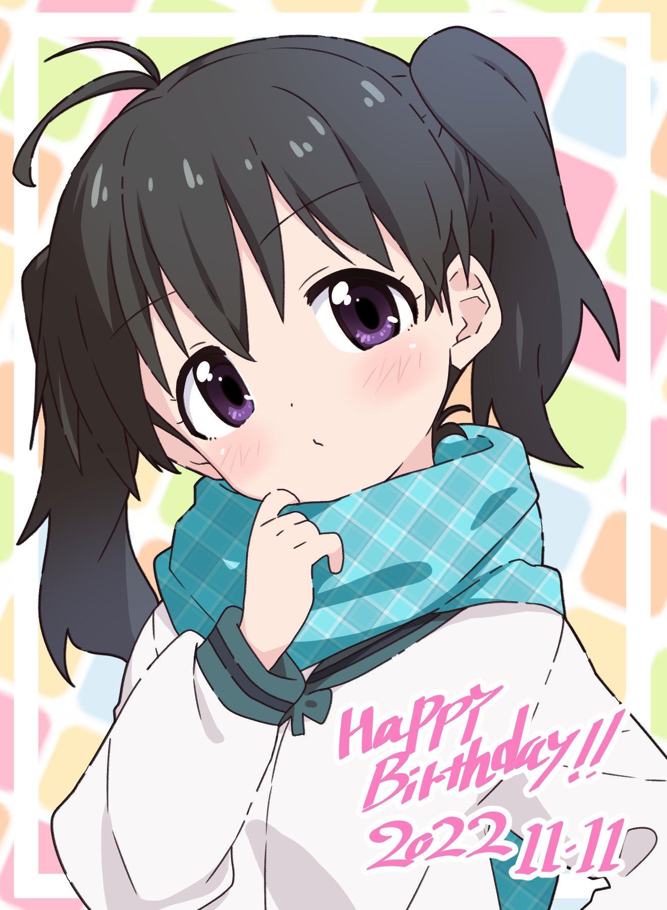 take shinobu, kuraue hinata, yama no susume, commentary request, highres, 1girl, black hair, blush, happy birthday, head tilt, looking at viewer, purple eyes, scarf, solo, twintails, upper body
