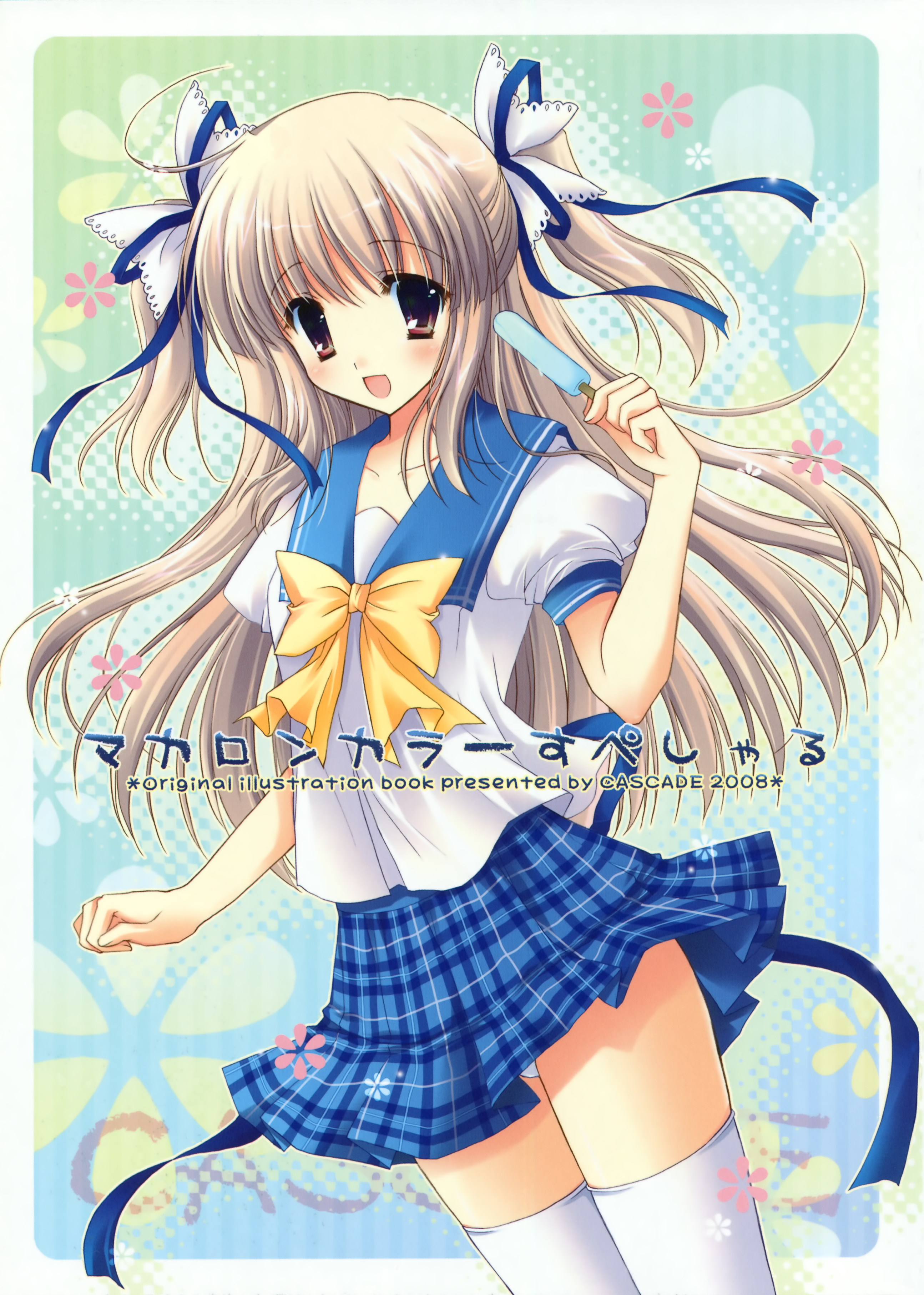 hasekura chiaki, original, absurdres, highres, 1girl, blonde hair, female focus, food, hair ribbon, long hair, popsicle, red eyes, ribbon, school uniform, solo, thighhighs