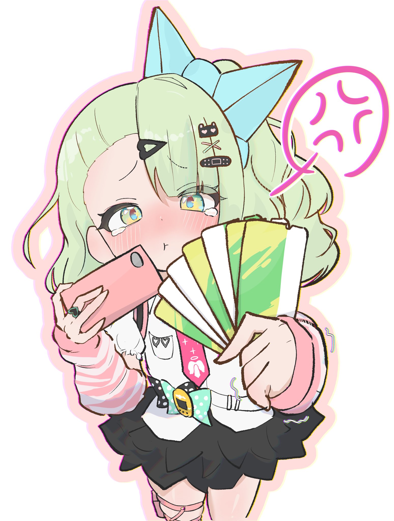 kesiutu, chinatsu remiel, zenless zone zero, heart ring, commentary request, highres, 1girl, anger vein, bandaid, bandaid hair ornament, blush, cellphone, closed mouth, cowboy shot, green eyes, green hair, hair ornament, holding, holding phone, holding ticket, looking at viewer, multiple thigh straps, necktie, outline, phone, pink arm warmers, pink outline, ponytail, print necktie, red necktie, ring hair ornament, shirt, smartphone, solo, spoken anger vein, striped arm warmers, tears, ticket, too many hair ornaments, trembling, white shirt