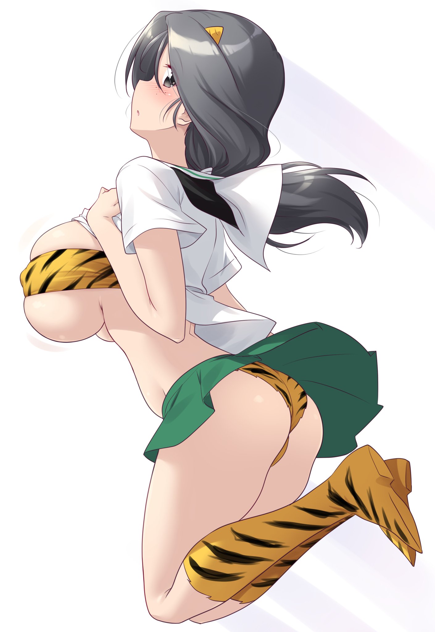 kuzuryuu kennosuke, lum, piyotan (girls und panzer), uesaka sumire, girls und panzer, urusei yatsura, commentary request, highres, revision, 1girl, animal print, ass, blush, boots, bra, breasts, cone horns, cosplay, fake horns, freckles, full body, green skirt, grey eyes, grey hair, horns, large breasts, long hair, looking at viewer, lum (cosplay), miniskirt, ooarai school uniform, open mouth, panties, ponytail, print bra, print panties, school uniform, simple background, skirt, solo, tiger print, underboob, underwear, voice actor connection, white background