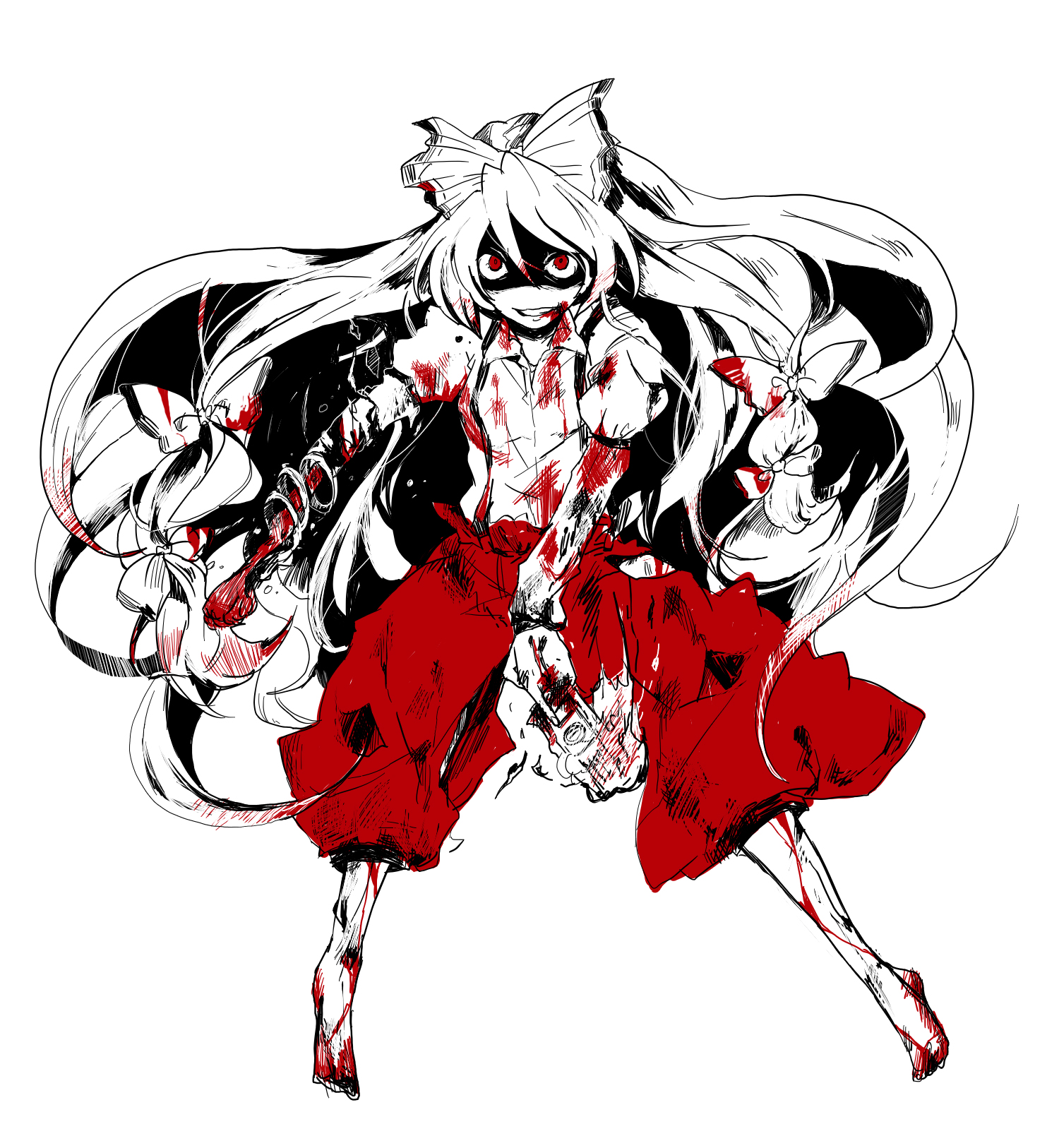 nikiro, fujiwara no mokou, touhou, bad id, bad pixiv id, highres, 1girl, blood, crazy, female focus, full body, monochrome, simple background, solo, white background