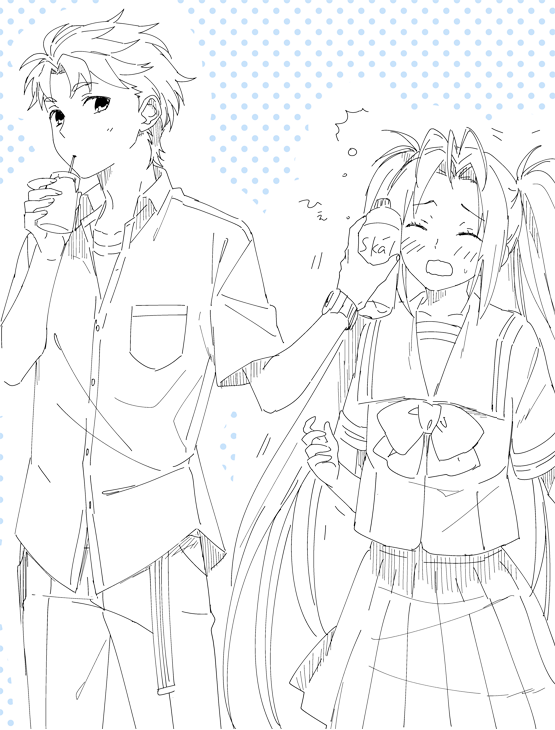 ikuhashi muiko, yashio kaito, yukifune airi, robotics;notes, science adventure, commentary request, 1boy, 1girl, :d, blush, bottle, bottle to cheek, chuo tanegashima high school uniform, closed eyes, cropped shirt, greyscale, holding, holding bottle, long hair, monochrome, open mouth, ponytail, school uniform, shirt, short hair, skal, skirt, smile