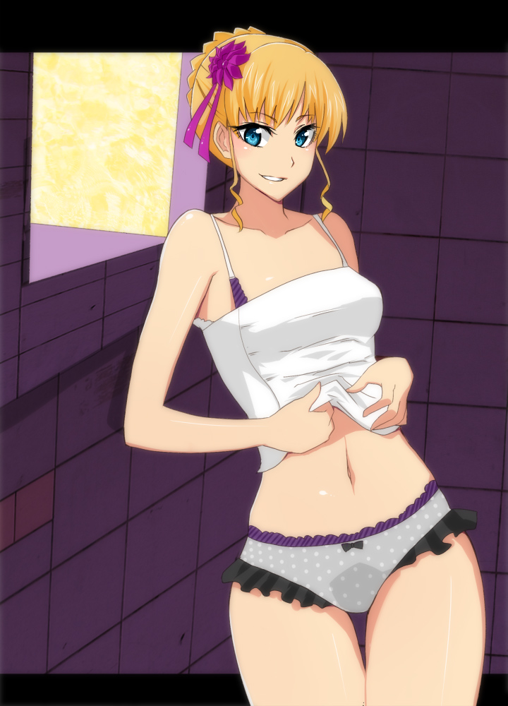 jont, beatrice (umineko), umineko no naku koro ni, bad id, bad pixiv id, 00s, 1girl, blonde hair, blue eyes, breasts, clothes lift, female focus, frills, grin, hair ornament, indoors, navel, panties, shirt lift, smile, solo, underwear