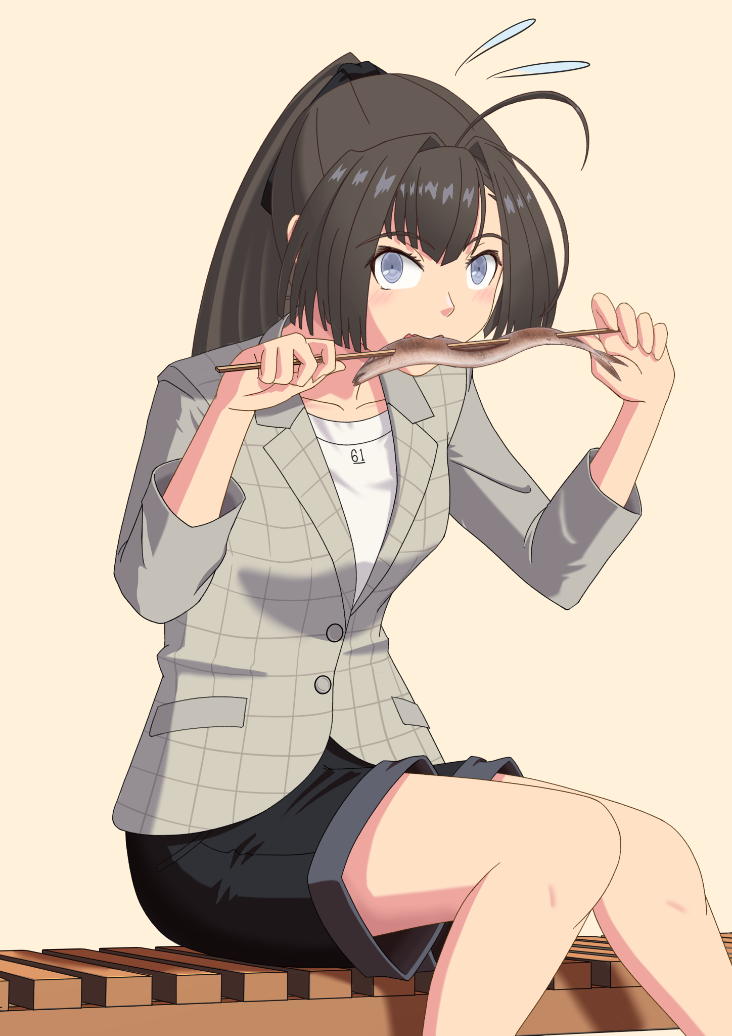 kuroinu1997, akizuki (kancolle), akizuki (saury festival) (kancolle), kantai collection, commentary request, highres, partial commentary, 1girl, ahoge, black hair, black shorts, brown background, fish, fish (food), food, food in mouth, grey eyes, grey jacket, grilled fish, holding, holding food, jacket, looking at viewer, official alternate costume, plaid clothes, plaid jacket, ponytail, saury, shirt, shorts, simple background, sitting, white shirt