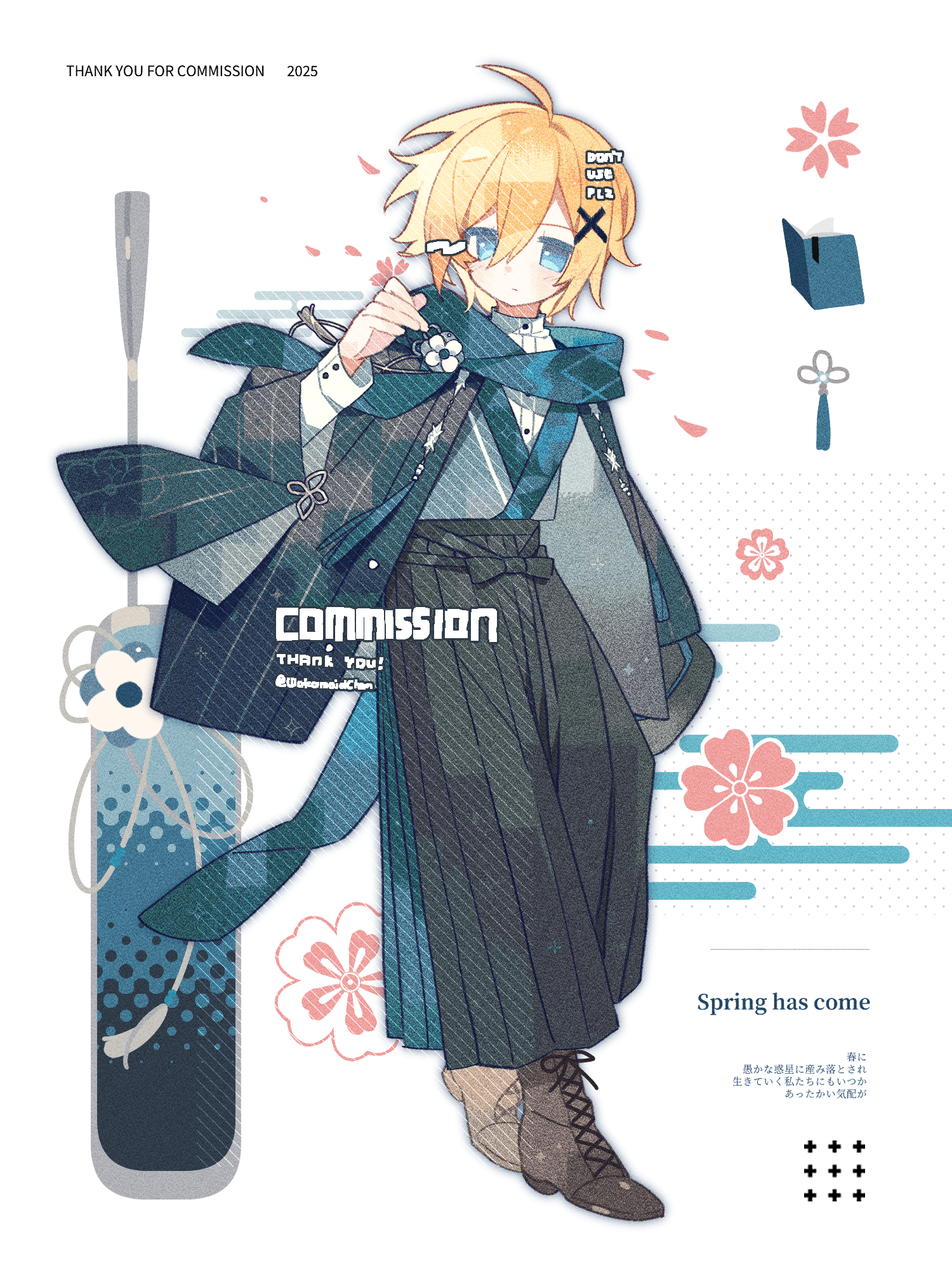 meimei (wakamoid), original, commission, highres, 1boy, ahoge, black hakama, blonde hair, blue kimono, book, boots, brown boots, closed mouth, double-parted bangs, full body, hair between eyes, hair ornament, hakama, hakama pants, hand up, japanese clothes, kimono, lace-up boots, long sleeves, male focus, pants, shirt, short hair, solo, standing, watermark, white background, white shirt, x hair ornament