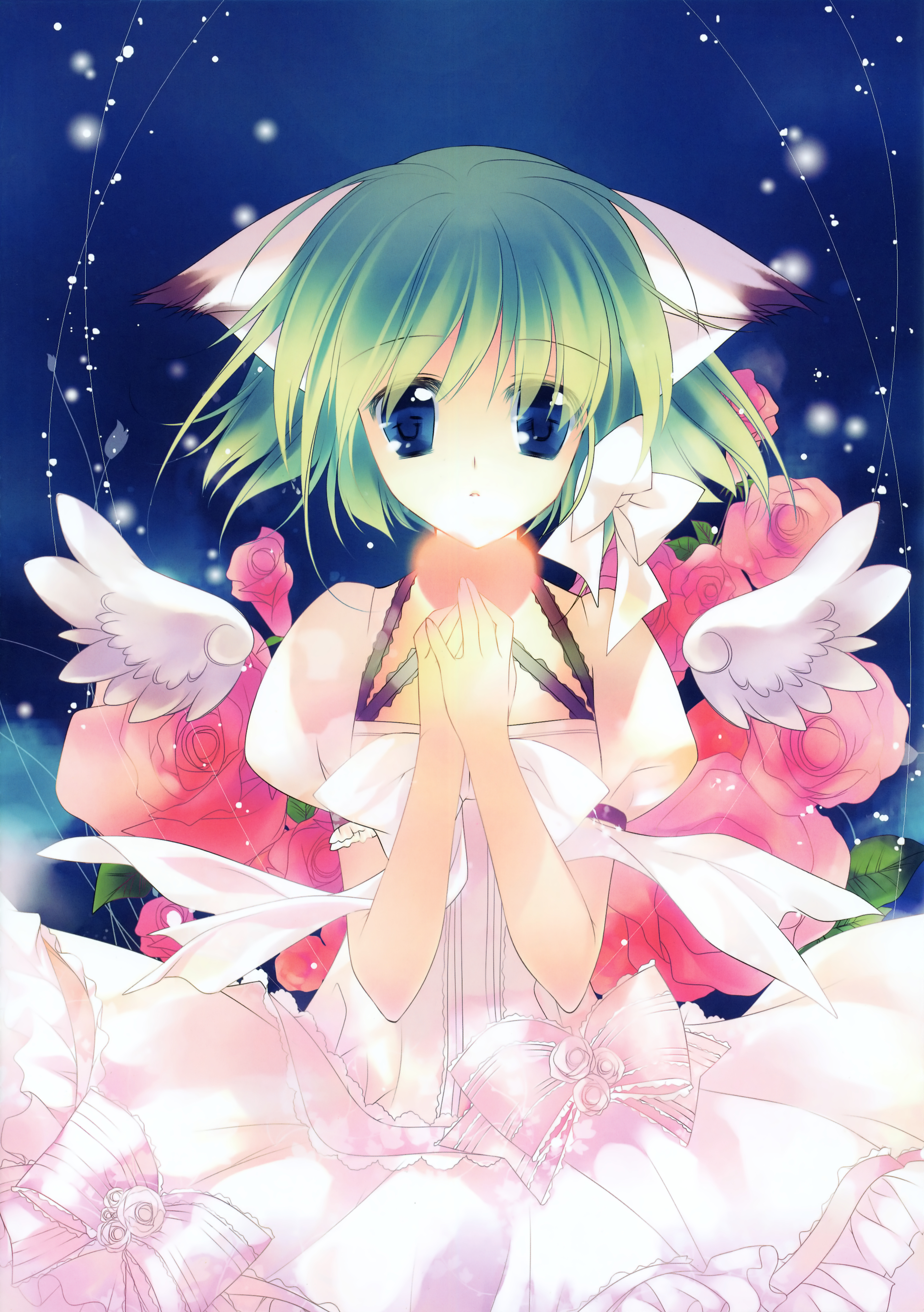 greenwood, rei (artist), rei (rei's room), midori (greenwood), original, absurdres, highres, 1girl, animal ears, blue eyes, dress, female focus, flower, green hair, short hair, solo