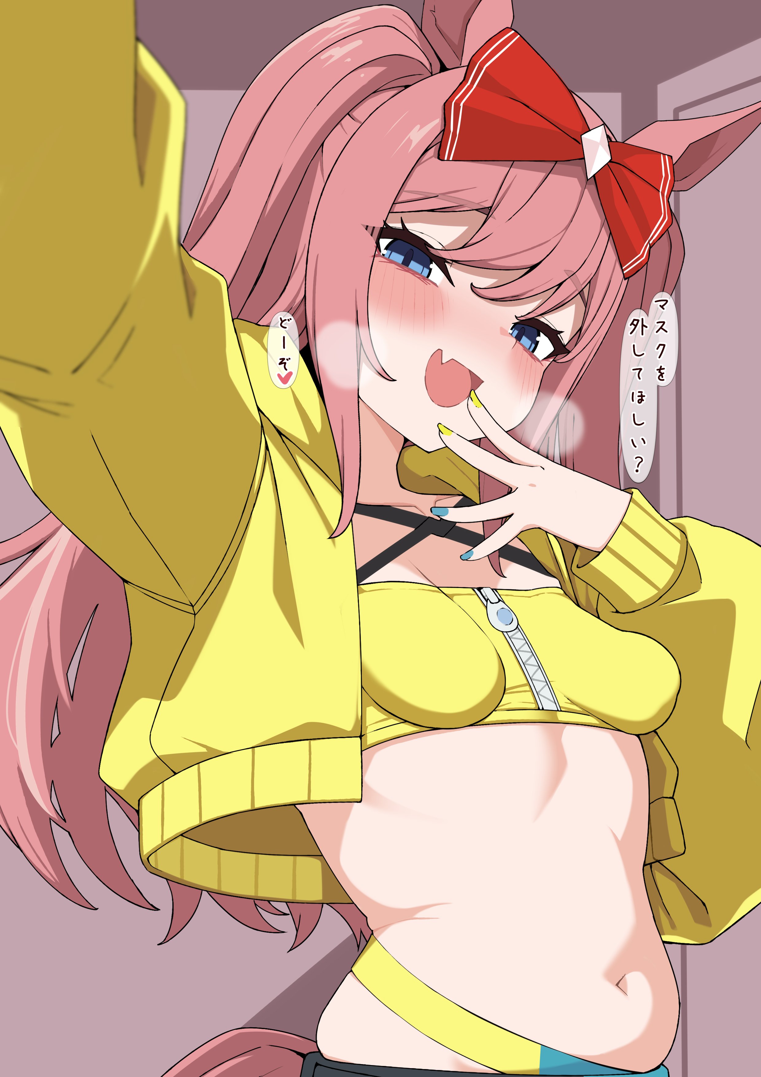 unitnotakoyaki, agnes digital (umamusume), canari (pokemon), nintendo, pokemon, pokemon legends: z-a, umamusume, absurdres, bilingual commentary, commentary, english commentary, highres, mixed-language commentary, translation request, 1girl, blue eyes, blush, canari (pokemon) (cosplay), cosplay, fang, heavy breathing, looking at viewer, navel, open mouth, pink hair, pointy breasts, red ribbon, ribbon, selfie, skin fang, smile, solo, stomach, upper body