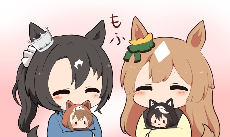 gomashio (goma feet), cheval grand (umamusume), kitasan black (umamusume), satono crown (umamusume), satono diamond (umamusume), umamusume, commentary request, translation request, 4girls, :3, ^ ^, animal ears, black hair, blue shirt, blush, brown hair, chibi, chibi only, closed eyes, closed mouth, crown, holding, holding mini person, horse ears, horse girl, horse tail, long hair, long sleeves, mini person, minigirl, multicolored hair, multiple girls, no mouth, shirt, short hair, smile, tail, two-tone hair, upper body, white hair, yellow shirt, | |