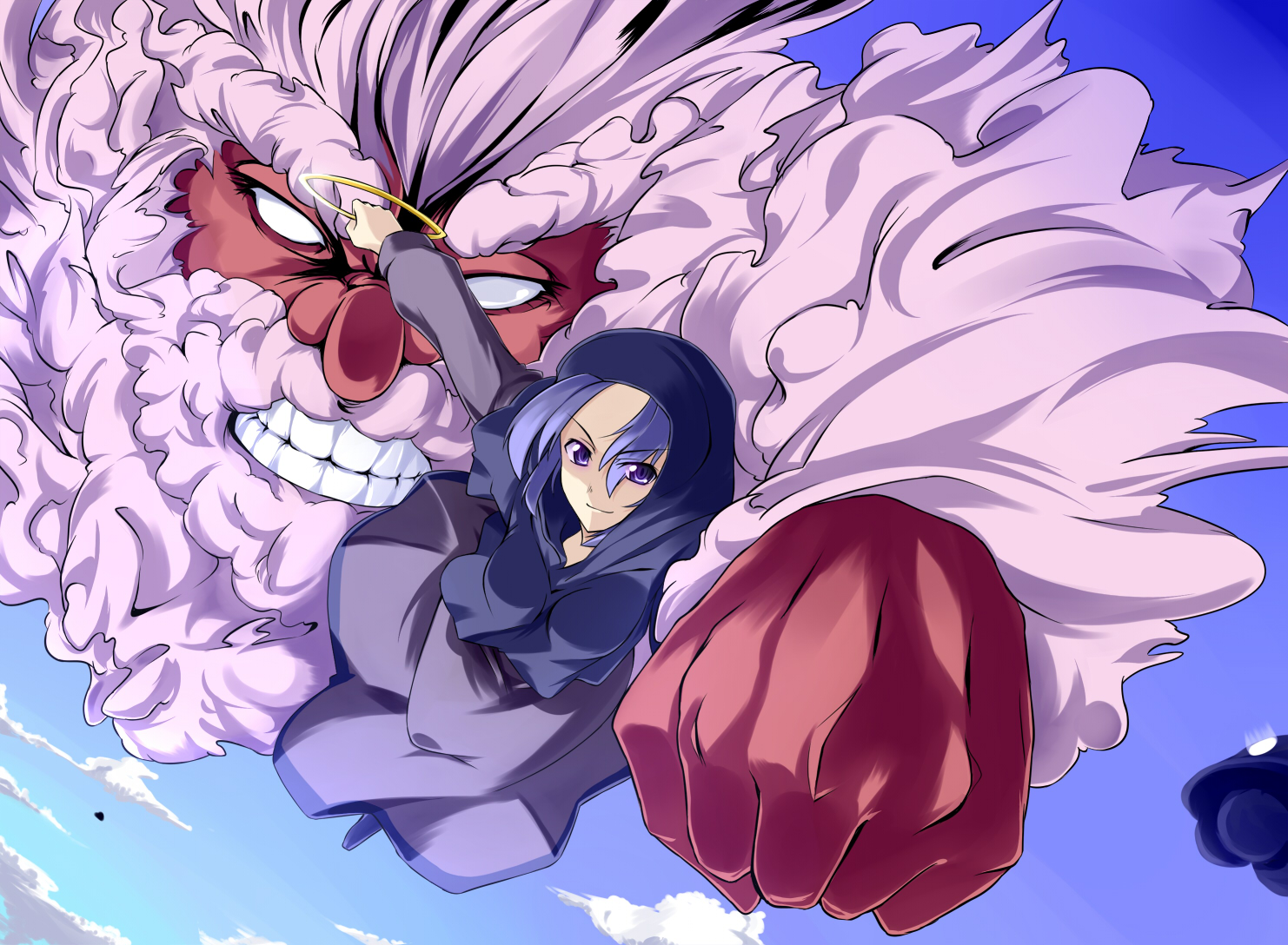 batsu, kumoi ichirin, unzan, touhou, 1girl, blue eyes, blue hair, cloud, day, hood, punching, purple eyes, sky