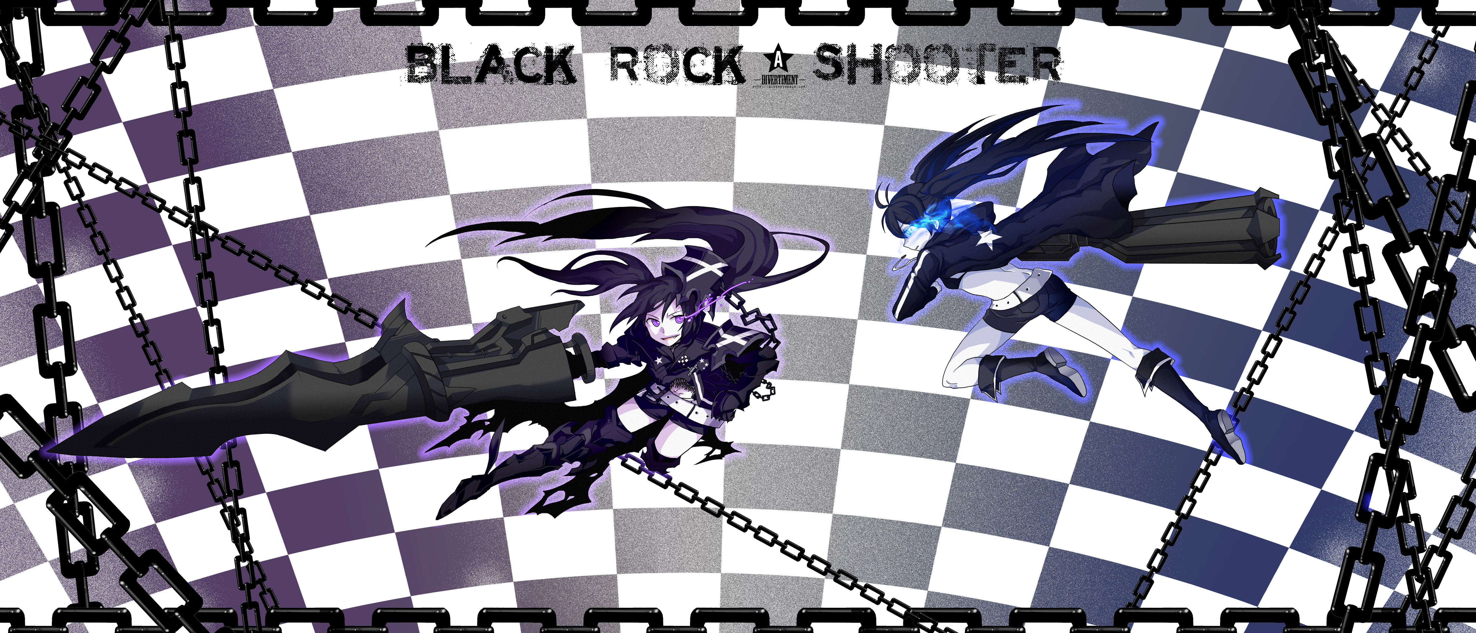 diverti, black rock shooter (character), insane black rock shooter, black rock shooter, absurdres, bad id, bad pixiv id, highres, 10s, 2girls, arm cannon, armor, aura, battle, belt, bikini, bikini top only, black hair, blue eyes, boots, chain, coat, fang, flat chest, front-tie top, gauntlets, glowing, glowing eyes, greaves, gun, hood, huge weapon, jacket, knee boots, long hair, midriff, multiple girls, navel, pale skin, purple eyes, scar, shorts, star (symbol), swimsuit, sword, thigh boots, thighhighs, twintails, uneven twintails, weapon