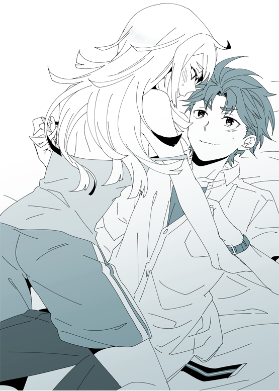 ikuhashi muiko, koujiro frau, yashio kaito, robotics;notes, science adventure, commentary request, 1boy, 1girl, bare shoulders, blush, chuo tanegashima high school uniform, couple, girl on top, greyscale, hair down, hetero, long hair, looking at another, loungewear, messy hair, monochrome, school uniform, shorts, simple background, smile, straddling, strap pull, striped clothes, striped shorts, tank top, undressing another, white background