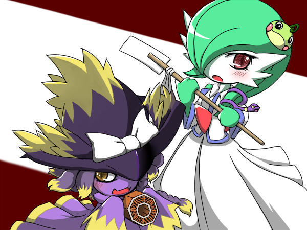 [], ekans, gardevoir, kirisame marisa, kochiya sanae, mismagius, politoed, nintendo, pokemon, touhou, blush, bow, braid, clothed pokemon, cosplay, costume, crossover, detached sleeves, gen 1 pokemon, gen 2 pokemon, gen 3 pokemon, gen 4 pokemon, gohei, hair ornament, kirisame marisa (cosplay), kochiya sanae (cosplay), mini-hakkero, red eyes, yellow eyes