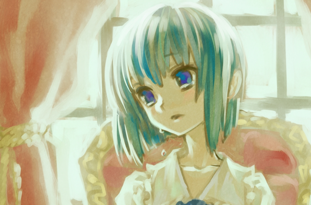 ama-tou, layla prismriver, touhou, bad id, bad pixiv id, 1girl, blue eyes, bob cut, female focus, green hair, portrait, short hair, solo, tears