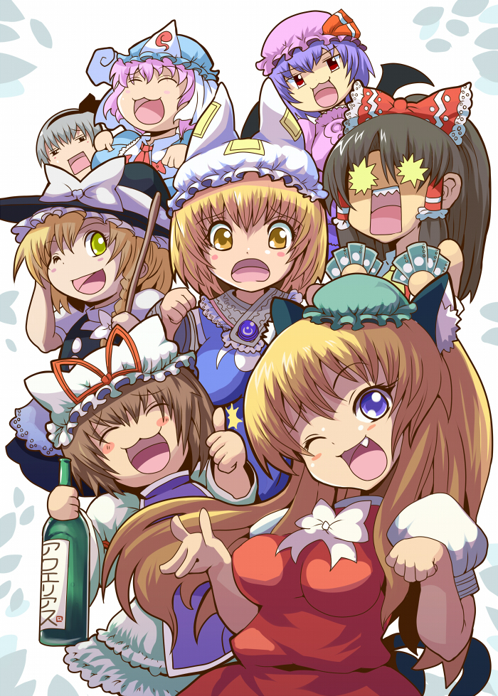 ryuno, chen, hakurei reimu, kirisame marisa, konpaku youmu, remilia scarlet, saigyouji yuyuko, yakumo ran, yakumo yukari, touhou, 6+girls, :3, animal ears, blonde hair, cat ears, cat girl, chen (cosplay), chibi, cosplay, fang, female focus, hat, multiple girls, one eye closed, paw pose, thumbs up, wink, yakumo yukari (cosplay)
