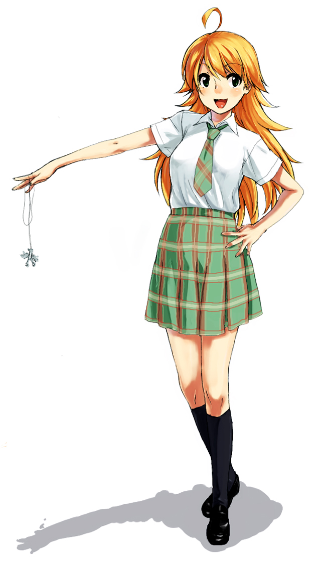 kirisato itsuki, hoshii miki, idolmaster, idolmaster (classic), 00s, 1girl, blonde hair, female focus, full body, jewelry, kneehighs, long hair, necklace, necktie, school uniform, skirt, socks, solo, white background