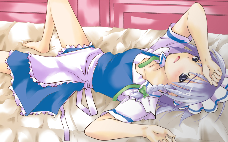 ogami kazuki, izayoi sakuya, touhou, silver hair, 1girl, barefoot, bed, female focus, maid, solo