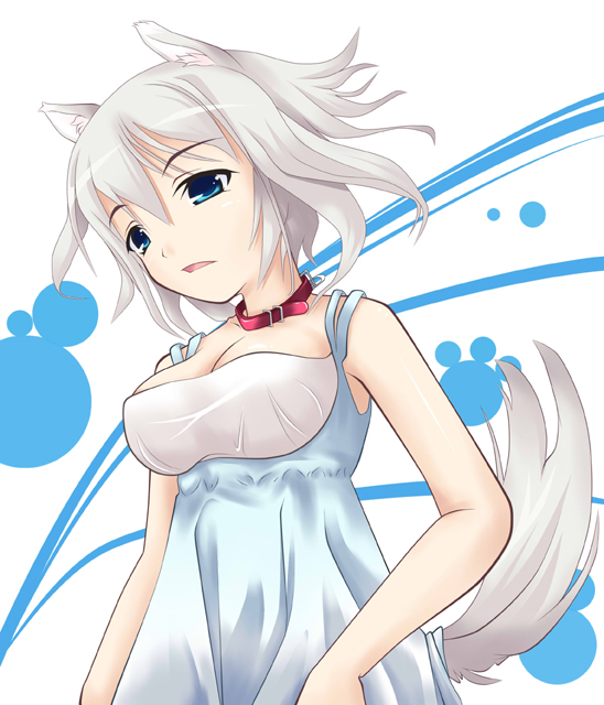 ogami kazuki, inu sakuya (nejikirio), izayoi sakuya, touhou, silver hair, 1girl, animal ears, babydoll, blue eyes, breasts, cleavage, collar, dog ears, dog tail, female focus, kemonomimi mode, open mouth, short hair, solo, tail