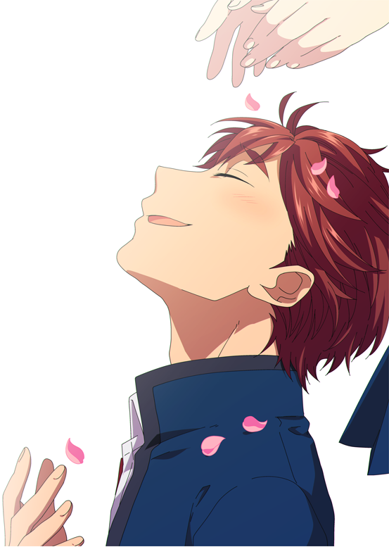 ikuhashi muiko, yashio kaito, robotics;notes, science adventure, commentary request, 1other, ^ ^, blazer, blue jacket, blush, chuo tanegashima high school uniform, closed eyes, fingernails, from side, jacket, long sleeves, male focus, petals, portrait, profile, red hair, school uniform, short hair, simple background, smile, upper body, white background, winter uniform