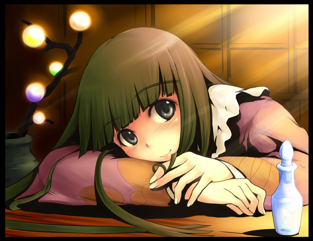 daizu (323449), daizu sanchi, houraisan kaguya, touhou, framed, 1girl, black eyes, black hair, branch, female focus, flask, hime cut, jeweled branch of hourai, long hair, looking at viewer, smile, solo, sunlight