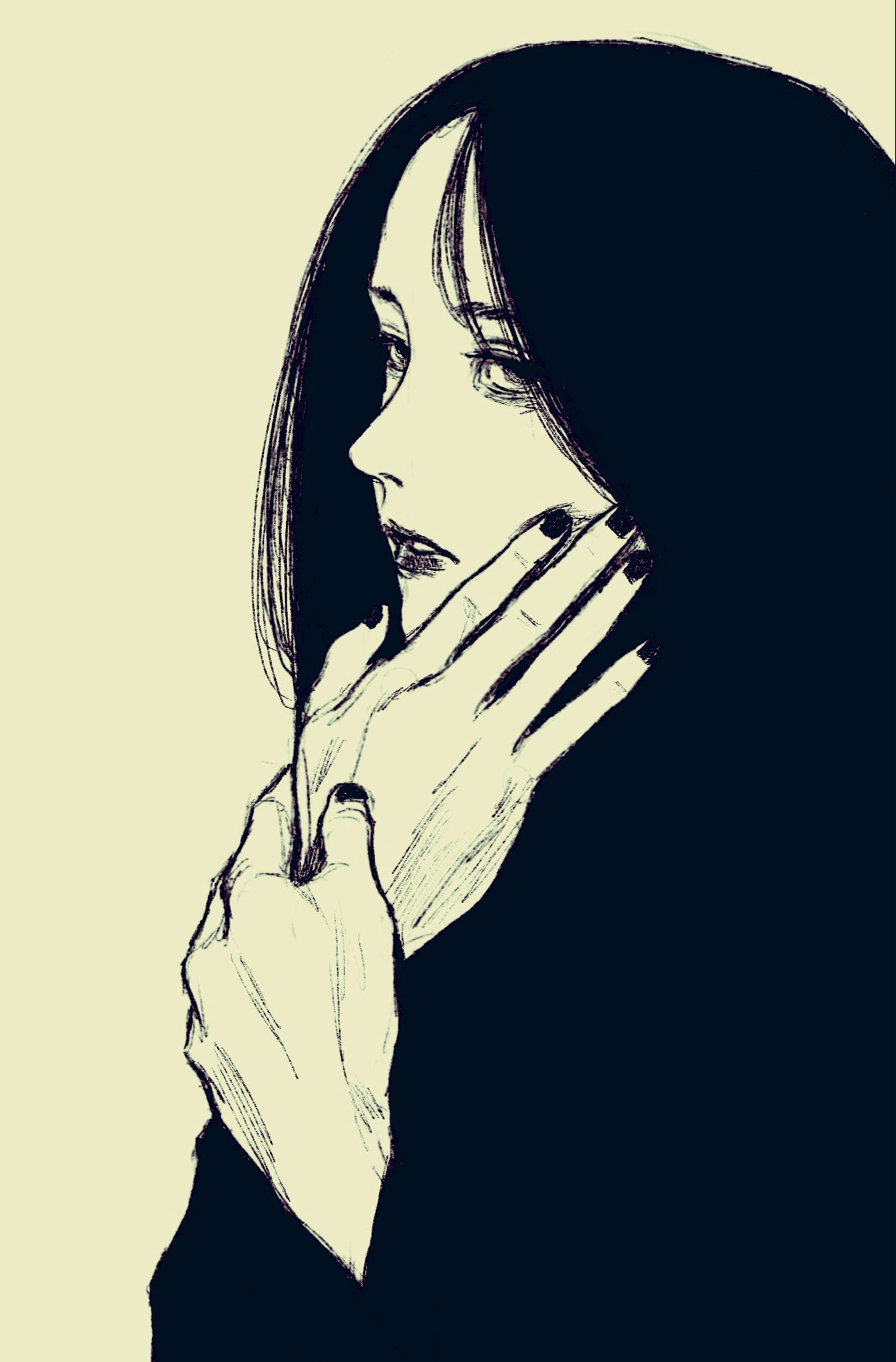 tp p pt, original, highres, 1girl, black hair, black nails, black outline, from side, hand on own cheek, hand on own face, long hair, looking at viewer, looking to the side, outline, solo, white background