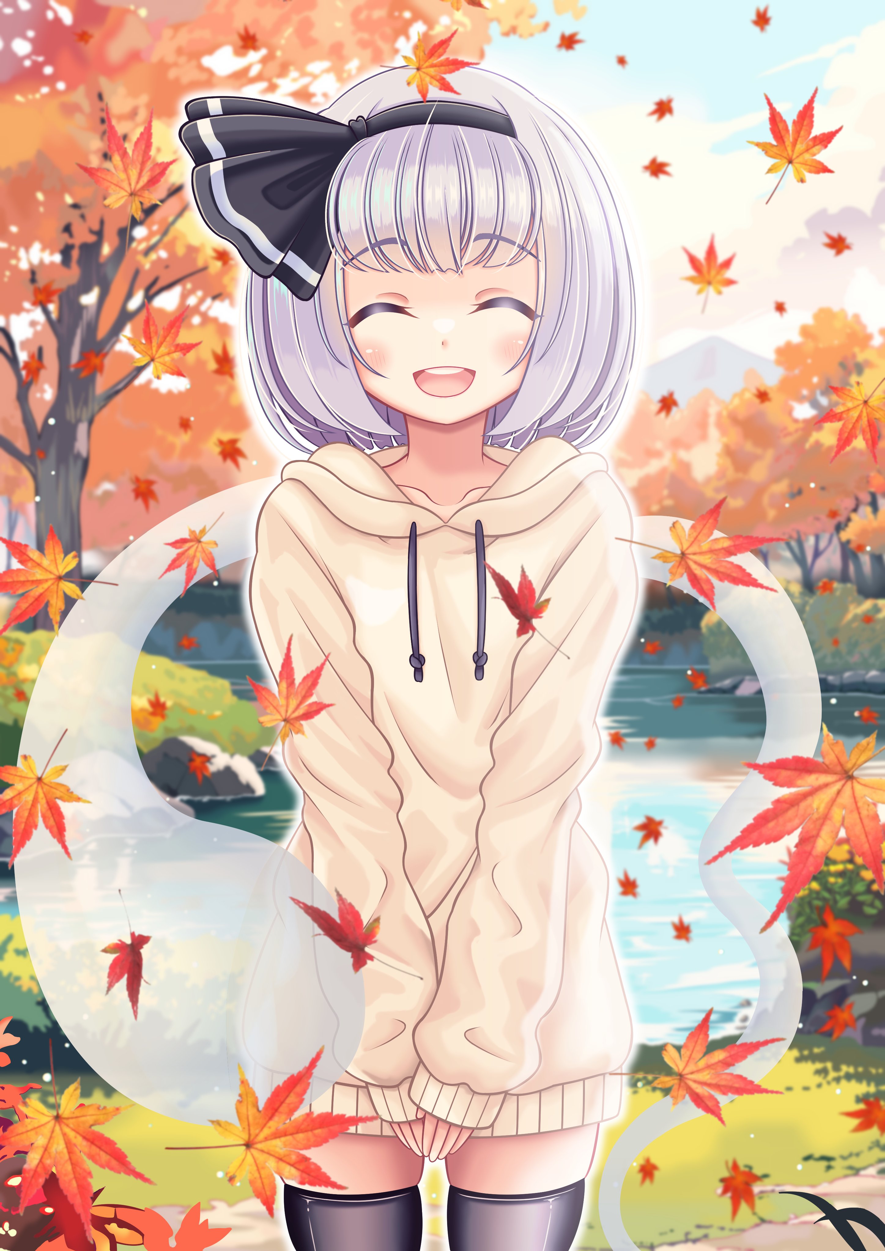 reimei (r758120518), konpaku youmu, konpaku youmu (ghost), touhou, absurdres, commentary, highres, 1girl, ^ ^, autumn, autumn leaves, black hairband, black thighhighs, cardigan, closed eyes, collarbone, facing viewer, falling leaves, grass, hairband, hitodama, hood, hood down, hooded cardigan, leaf, open mouth, outdoors, own hands together, short hair, smile, solo, thighhighs, tree, white hair, zettai ryouiki