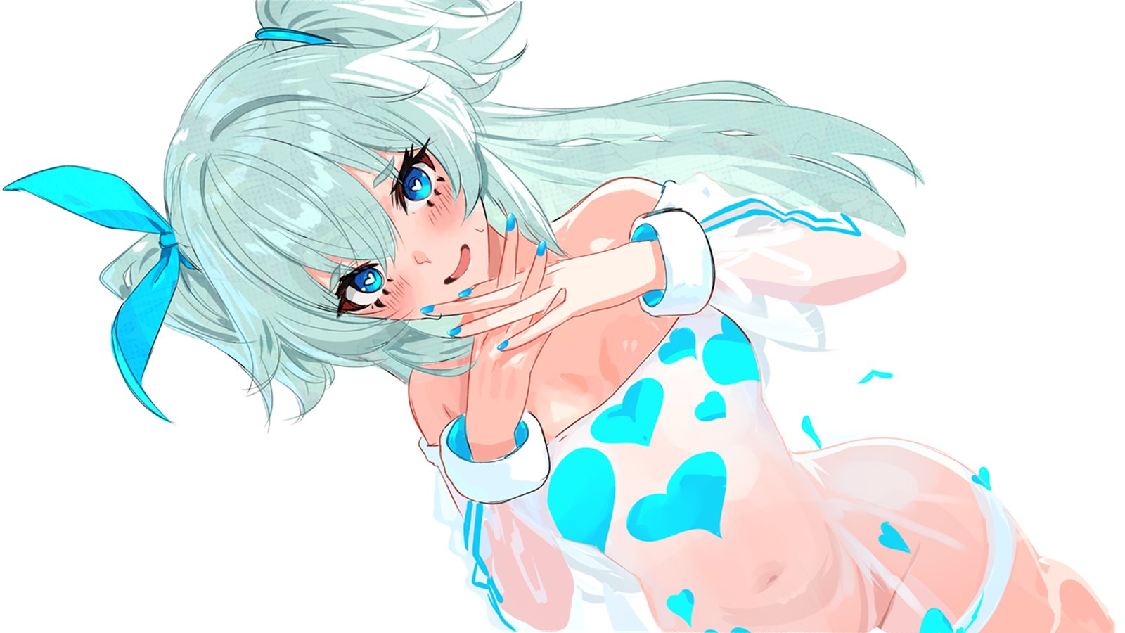 plunplun, florence (girls' frontline 2), pa-15 (girls' frontline), pa-15 (marvelous yam pastry) (girls' frontline), girls' frontline, girls' frontline 2: exilium, commentary, highres, 1girl, blue bow, blue eyes, blue hair, blue nails, blush, bow, hair bow, heart, heart-shaped pupils, heart print, long hair, looking at viewer, official alternate costume, open mouth, own hands together, see-through sweater, simple background, smile, solo, symbol-shaped pupils, two side up, white background