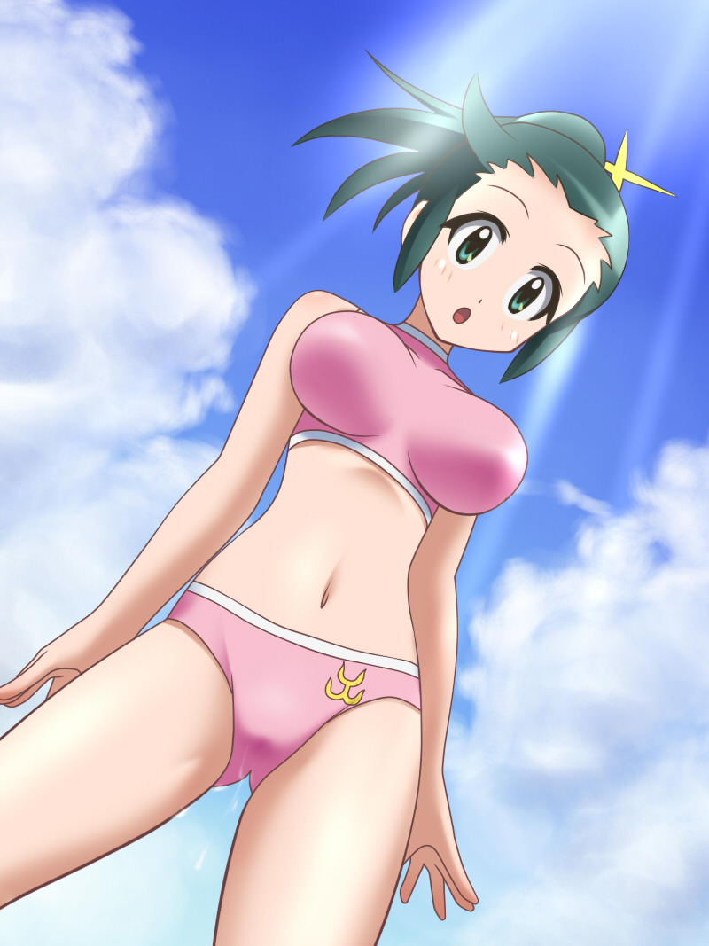 awa, azumaya koyuki, keroro gunsou, 1girl, :o, aged up, aqua eyes, bikini, blush, breasts, cloud, day, embarrassed, female focus, from below, green hair, impossible clothes, large breasts, light rays, looking down, navel, open mouth, outdoors, pink bikini, ponytail, sky, solo, sports bikini, sunbeam, sunlight, surprised, swimsuit, tankini, wet
