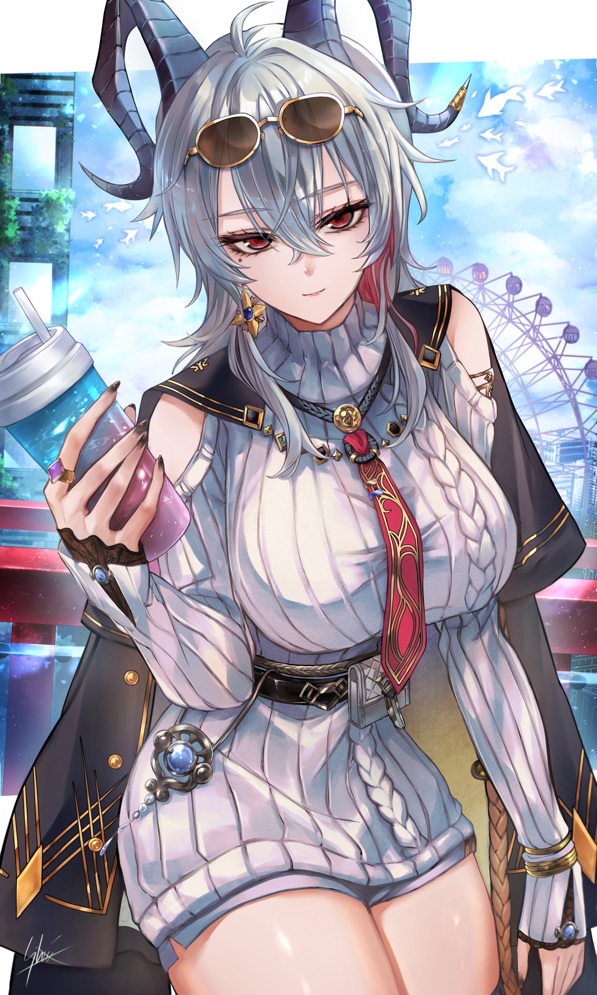 yoru shiki, zani (downtown repose) (wuthering waves), zani (wuthering waves), wuthering waves, commentary request, highres, 1girl, black horns, black jacket, black nails, breasts, closed mouth, clothing cutout, cowboy shot, cup, curled horns, disposable cup, dress, earrings, eyewear on head, fingernails, hair between eyes, holding, holding cup, horns, jacket, jacket on shoulders, jewelry, large breasts, long hair, looking at viewer, mole, mole under eye, multicolored hair, nail polish, necktie, official alternate costume, red eyes, red necktie, shoulder cutout, solo, streaked hair, sunglasses, sweater, sweater dress, thighs, turtleneck, turtleneck dress