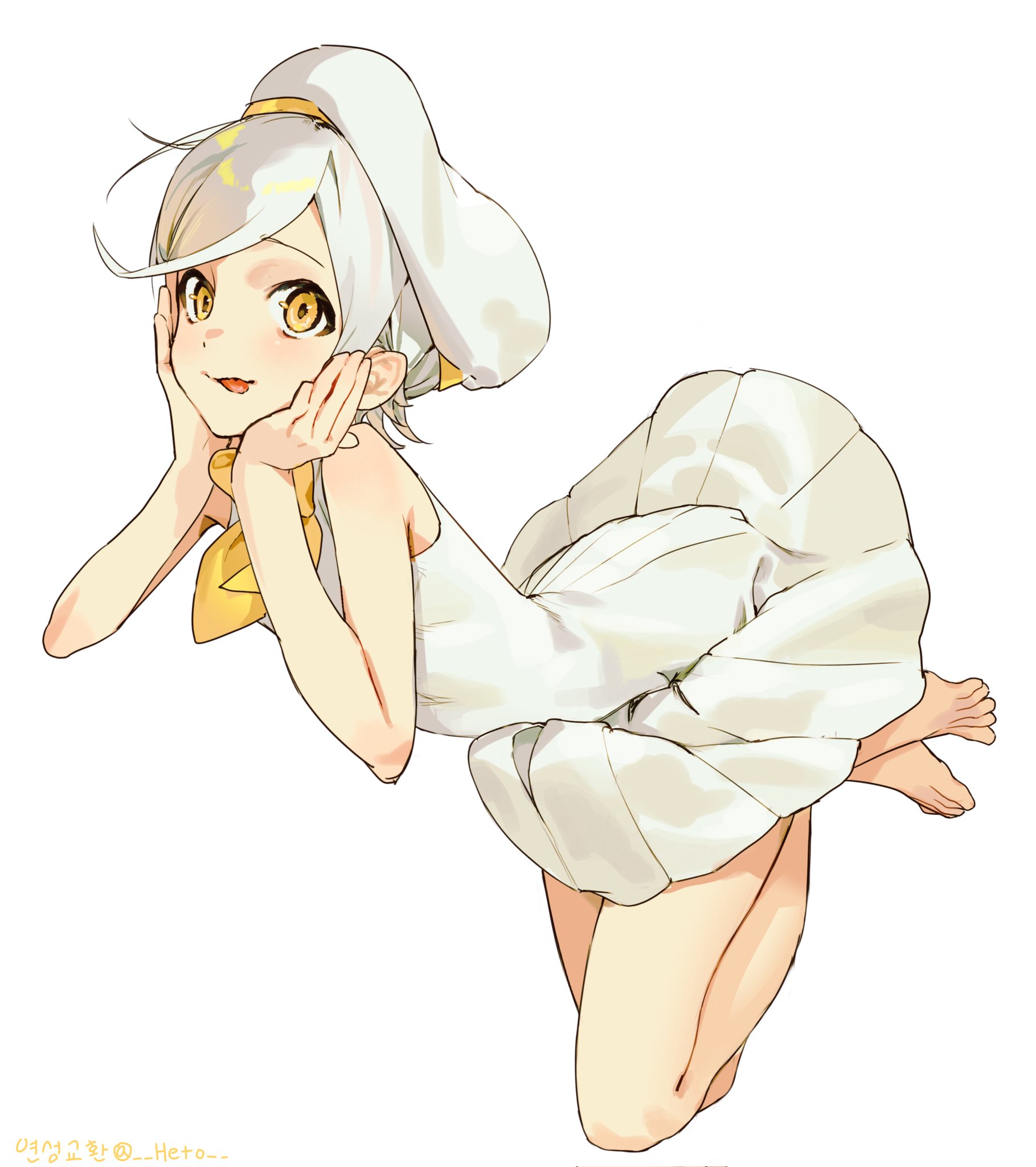 heto, original, highres, 1girl, :p, bare arms, bare legs, bare shoulders, barefoot, bow, bowtie, closed mouth, dress, full body, grey hair, hands on own face, hat, parted bangs, short hair, simple background, sleeveless, sleeveless dress, solo, tongue, tongue out, white background, white dress, white hat, yellow bow, yellow bowtie, yellow eyes